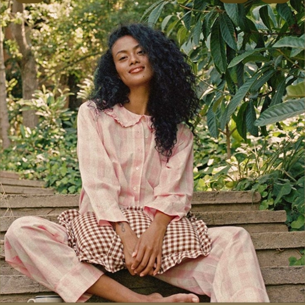DÔEN Paz Pajama Set in Rosette Gingham Pink White Organic Cotton XS Cottagecore - Picture 17 of 17